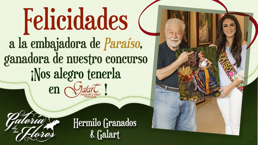 GalartEstudio's tweet photo. ¡Felicidades Karla Romero Embajadora de Paraíso,que guardes siempre esa frescura que te caracteriza!#ExperienciaGalart💛
#GaleríaDeLasFlores🌺 https://t.co/xIDLDe2Tn9