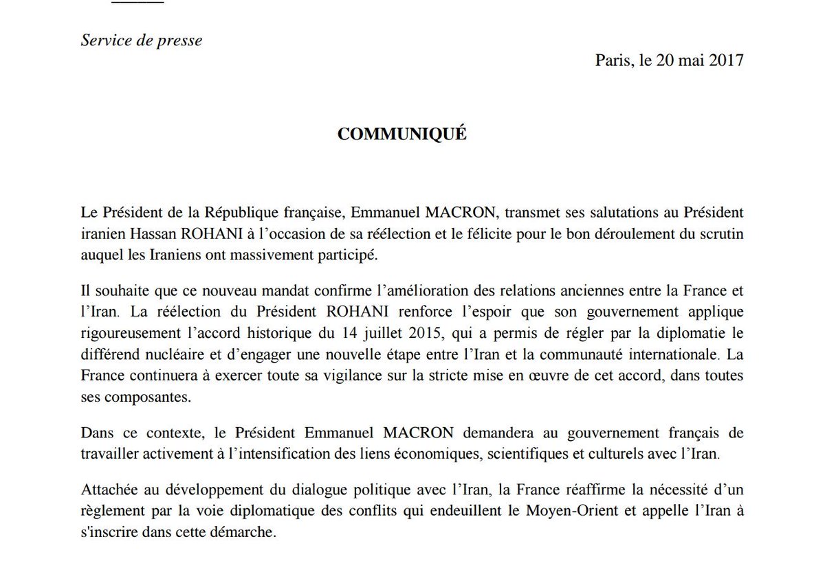 Elysee's tweet photo. Le président @EmmanuelMacron  transmet ses salutations au président iranien Hassan ROHANI à l’occasion de sa réélection https://t.co/wRykfHXzKY