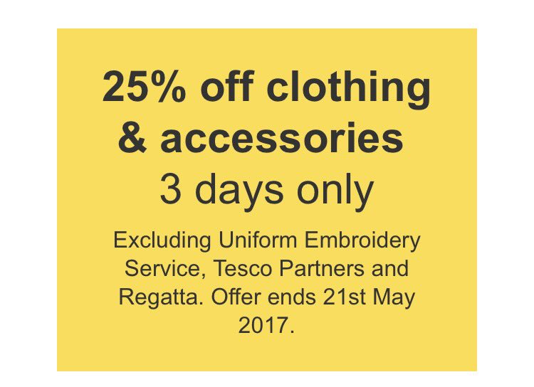 DissTesco's tweet photo. Last chance to get an extra 25% off clothing in store tomorrow #tesco #f+f #save #clothing https://t.co/18Pqkiewfl