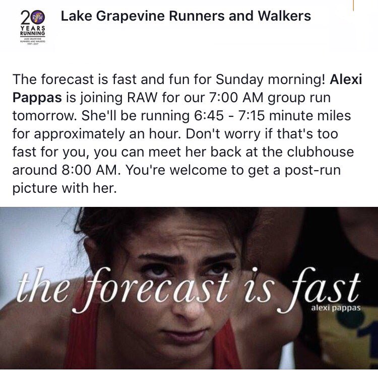 K2Runs's tweet photo. North Texas Runners! Tomorrow only and only at RAW: be brave, run with Olympian @AlexiPappas! #20YearsofRAW #RunGrapevine https://t.co/XOSdMWtRfW
