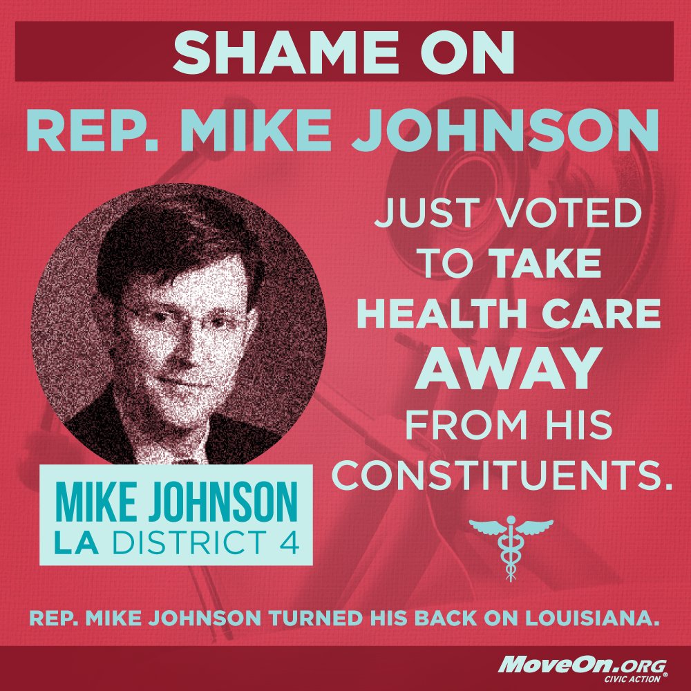 MoveOn's tweet photo. #LA's @RepMikeJohnson put @realdonaldtrump before Lousiana. #PaybackRecess is here: https://t.co/7fHloCnBTq https://t.co/77pbAne3KE