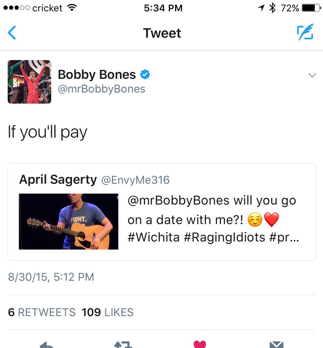 EnvyMe316's tweet photo. Ready to see Mr Bobby Bones funny and alone tour here in wichita tonight..I have a tweet that proves he still owes me a date! @mrBobbyBones https://t.co/yiI4aijgIV