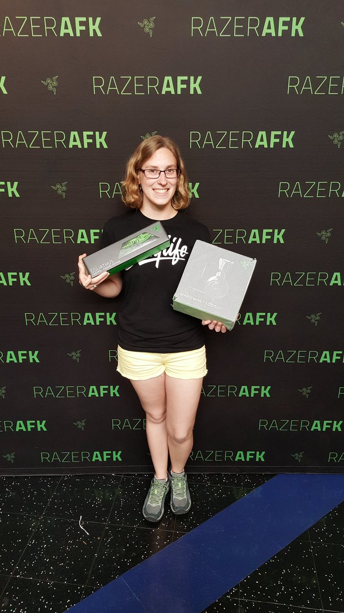 ClareFlood's tweet photo. Thank you @Razer and @NVIDIAGeForce for a fun event. So happy to win the Mano'war and Goliathus!! #RazerAFK #winner #potg https://t.co/Rc0l3Drxon