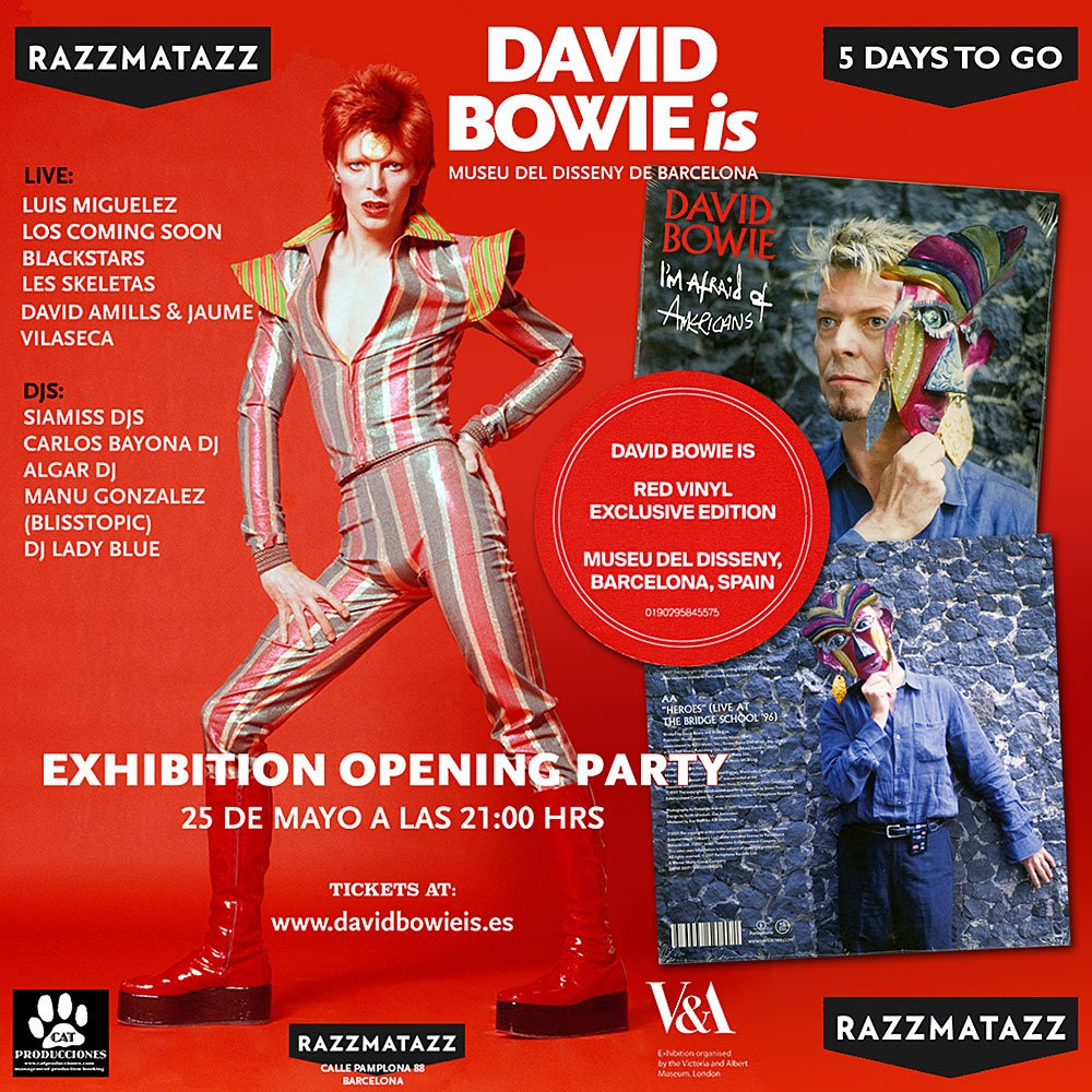 DavidBowieReal's tweet photo. The DB Is exhibition in Barcelona has a launch party with live music and Djs on Thursday (25th) at Razzmatazz 2 https://t.co/RxmQvSJ3wq https://t.co/aRdr8dqivk