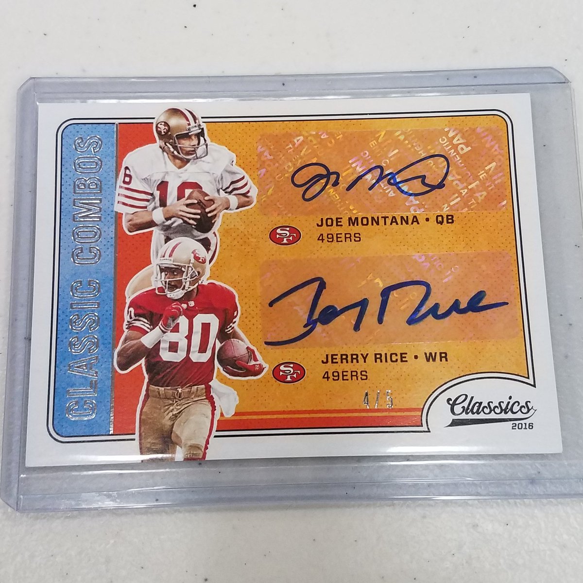 RbiCru7's tweet photo. Now this is an amazing hit out @paniniamerica Classics! Matt pulled this Joe Montana Jerry Rice dual auto/5! #tradeweekend #supportyourlcs https://t.co/6yVoxm1o1h