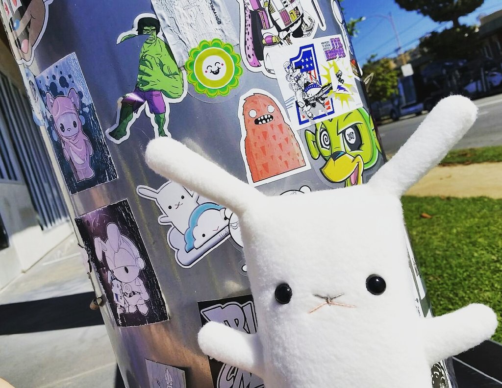 FlatBonnie's tweet photo. Out n' about taggin' trash cans in #Glendale... 😂🐰🐵 #flatbonnie #sticker #stickers #3dretro #jled #juanmuniz #socal #losangeles #キャラクター https://t.co/Lb6fKn3X2B