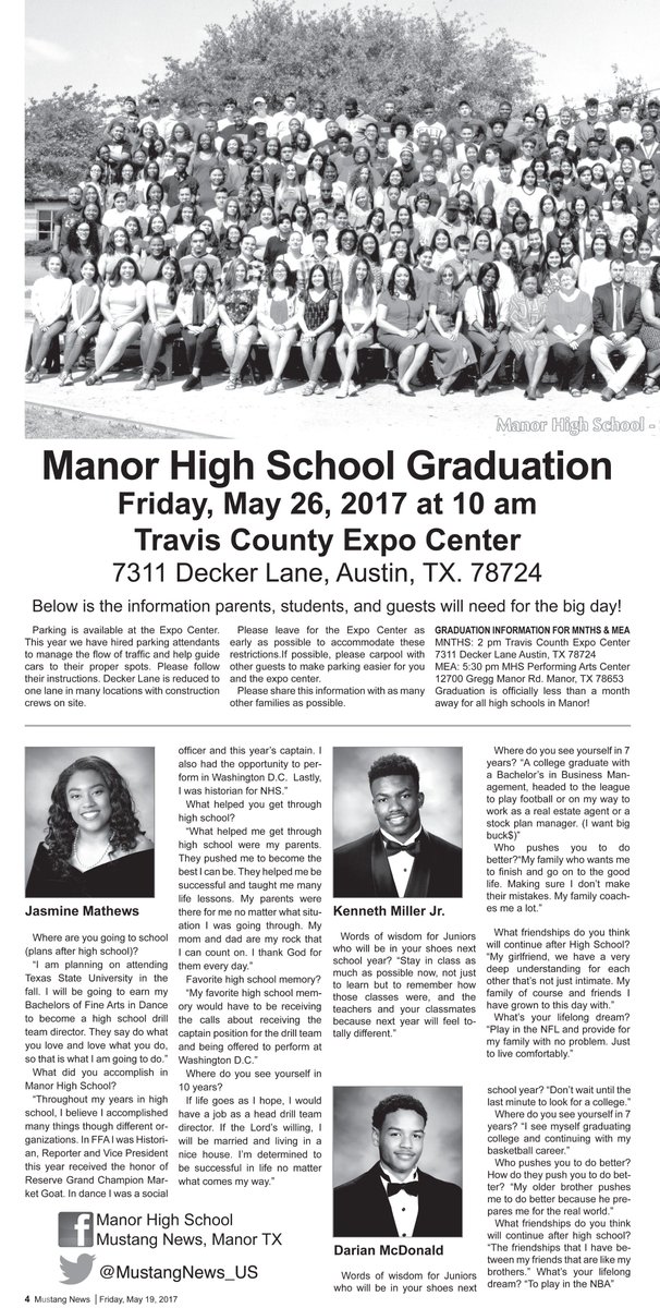 MustangNews_US's tweet photo. @MustangNews_US @ManorHS Edition No. 8 Page 4: Senior graduating class of @WAMM17 panoramic. Senior Legacies and testimonies. https://t.co/gOdYS7DUnI