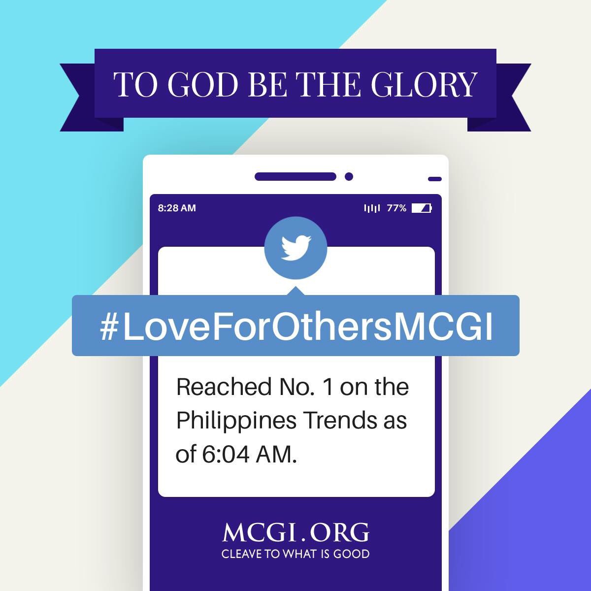 mcgidotorg's tweet photo. IN CASE YOU MISSED IT: Our hashtag #LoveForOthersMCGI reached No. 1 on the Philippines Trends as of 6:04 AM (PHT)!

TO GOD BE THE GLORY! https://t.co/movepuEti4
