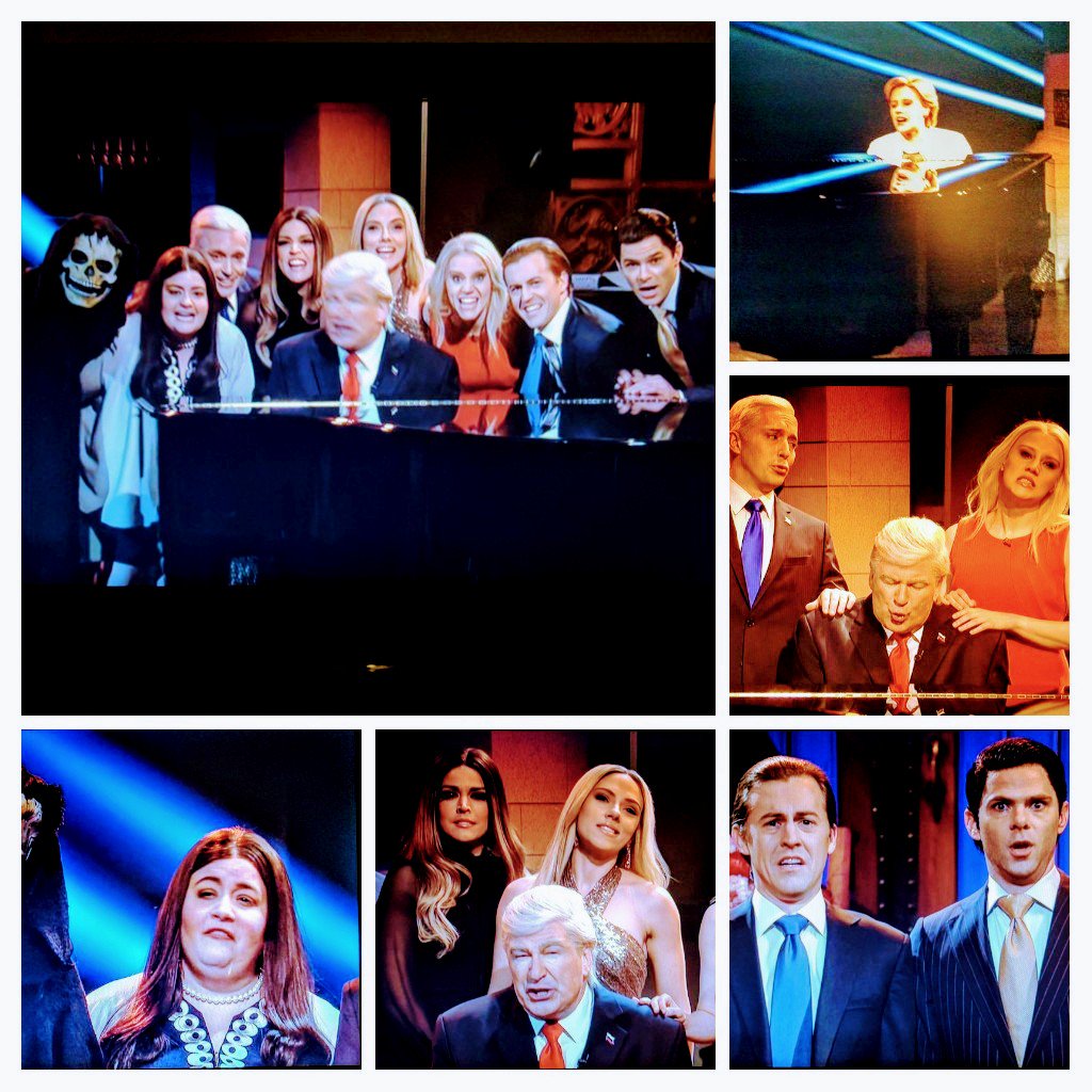 57MCM's tweet photo. Subliminal message in @nbcsnl season finale #coldopening: after Nov loss, "HRC" sang #Hallelujah as her farewell; "Trump" did it tonight https://t.co/dOSHwJaUDq