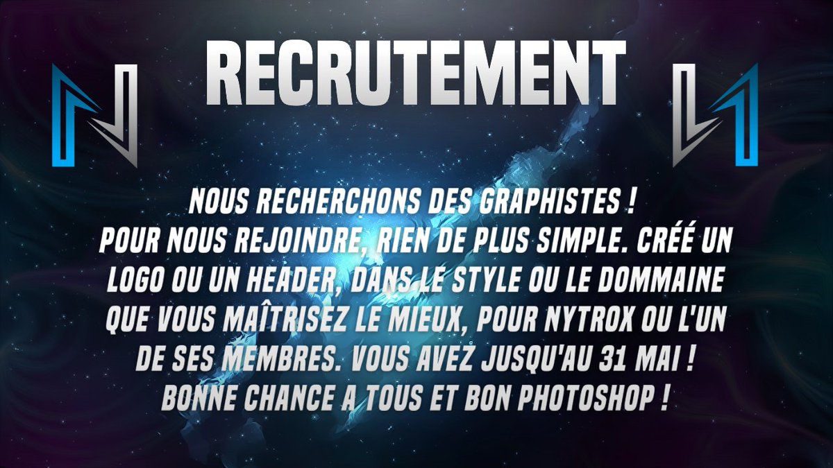 NytroxDZN's tweet photo. Nytrox recrute de nouveau graphiste ! Tout est sur l'affiche ! Postez nous votre créations avec le #NytroxRC https://t.co/0ayT3DbCP4