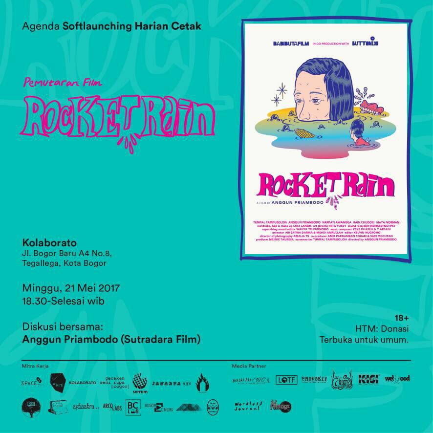 "@grafishuruhara x @streetprinting 
@hariancetak

"Rocket Rain"
Minggu, 21/5/2017
18.30-Selesai wib
<a href="/kolaborato_id/">Kolaborato</a>
Jl. Bogor Baru A4 No.