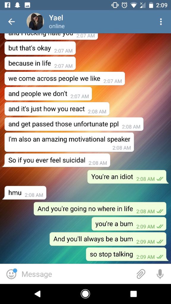 SouthAssasin's tweet photo. @sophiechaudhry1 But yael can makes comments about suicide? Check your friends first. https://t.co/plndiLVnDC