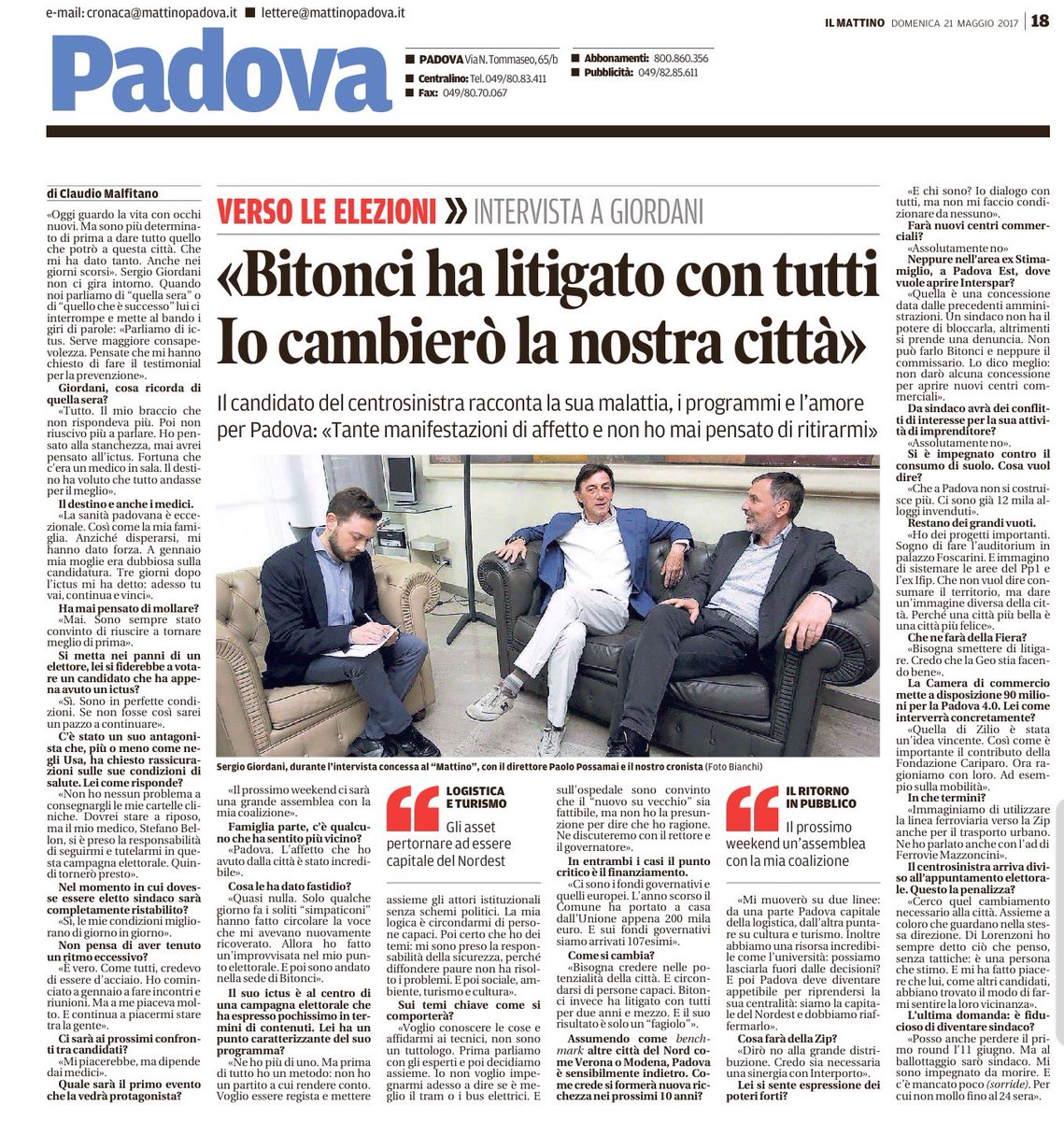 Vederlo in salute e' una bella notizia, tornerà presto tra la gente perché #Padova necessità del suo "Buonsenso!" <a href="/mattinodipadova/">il mattino di Padova</a> #Giordani