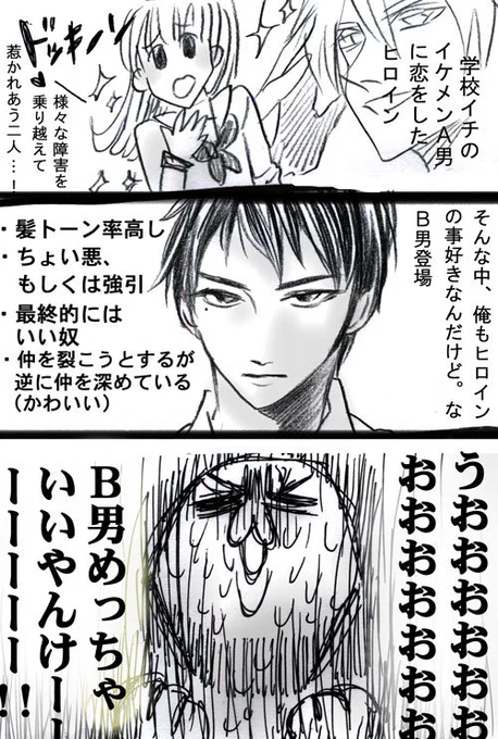少女漫画読んでて思った事
ヒロイン→A男がいて、物語の途中に割って入ってくるB男。
最終的にA男とくっついて「幸せになれよ…」って身を引くB男なんだけど、このB男ポジションが魅力的で応援したいんだけど分かる!って人居ないかな…
B男とくっつく奇跡的な漫画があったら読みたい 