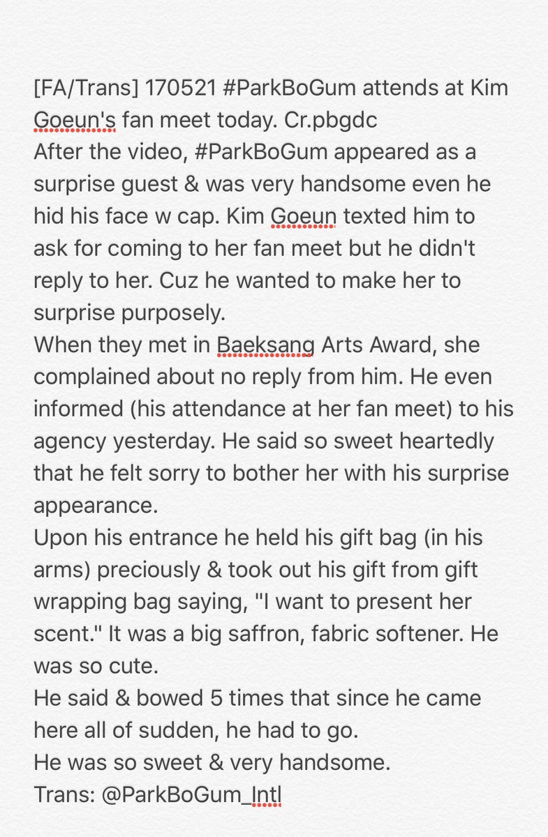 ParkBoGum_Intl's tweet photo. [FA/Trans] 170521 #ParkBoGum #박보검 attends at Kim Goeun's fan meet today. Cr.pbgdc https://t.co/6evYzamvMB