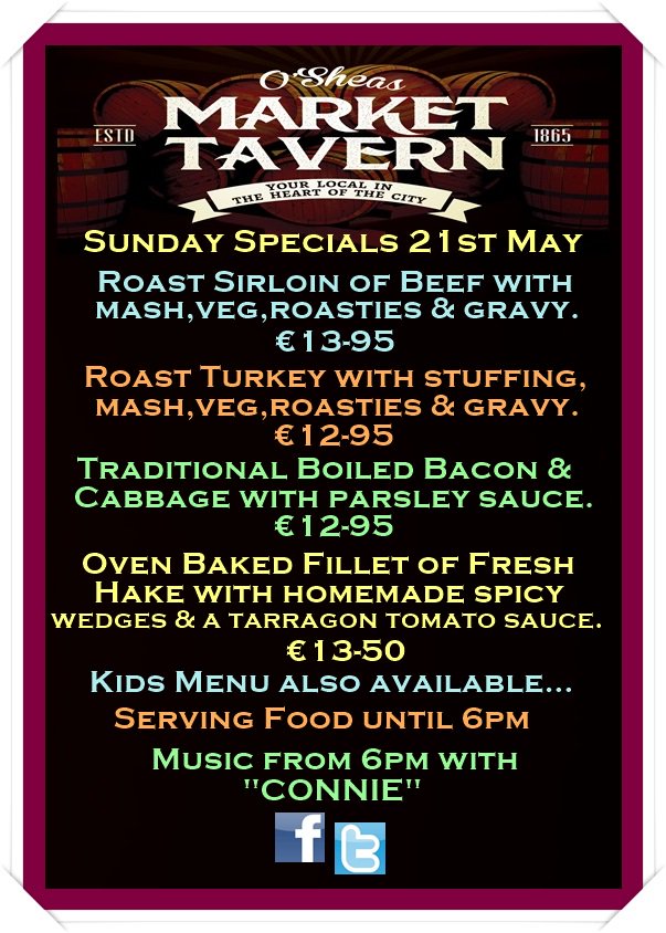 themarkettav's tweet photo. Serving Food until 6pm, kids menu also available.. with music from 6pm with "CONNIE" #sundaylunch #livemusic #cork https://t.co/0qvVafVNJR