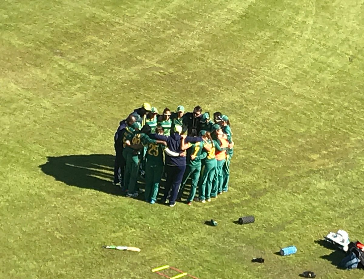 ProteasMenCSA's tweet photo. Final huddle before the #ProteasWomen set out Part 2 of their defense of their 156-run total vs India in the #WomensQuadrangular final. https://t.co/OZJ9v1qR6i
