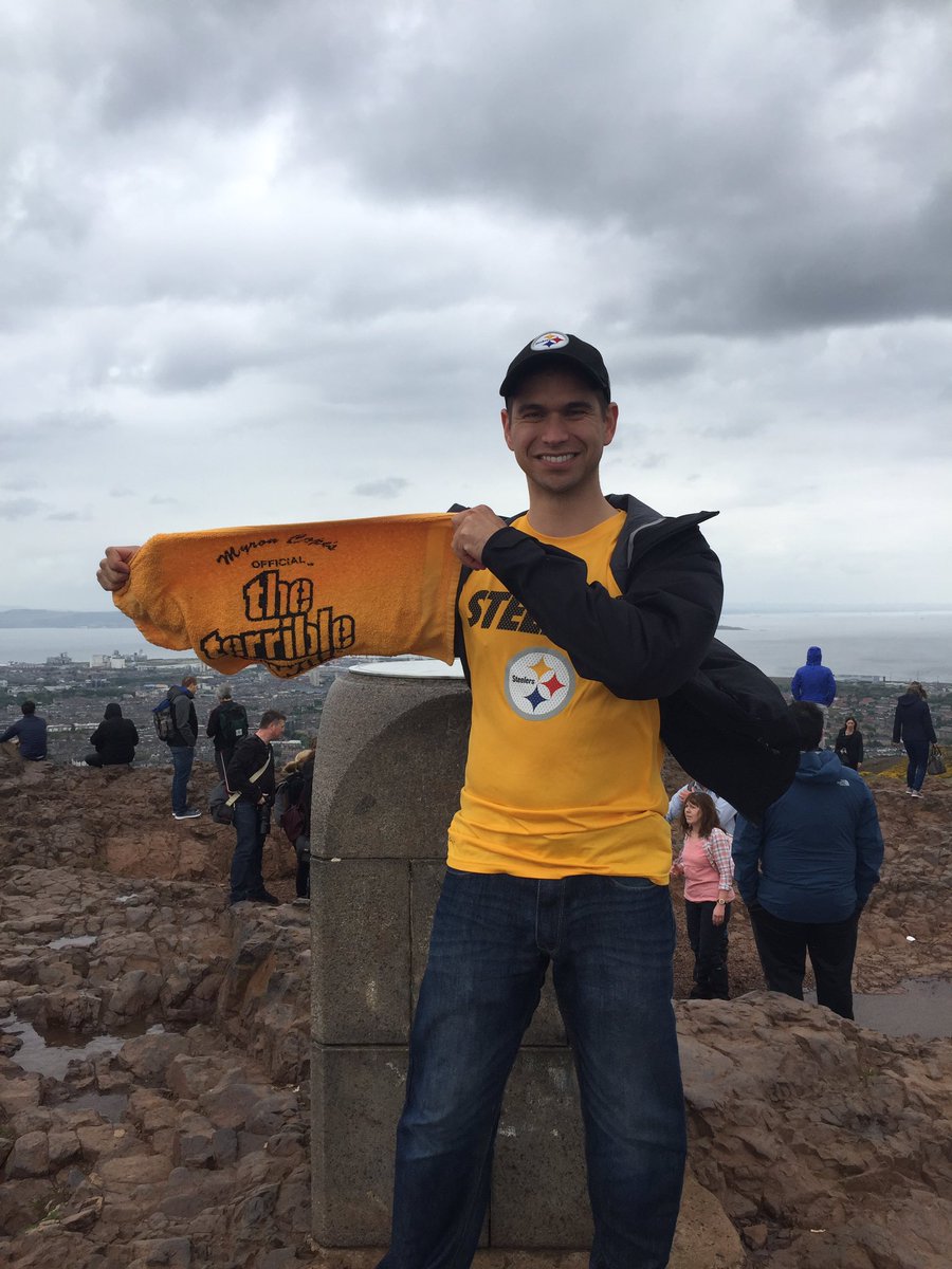 Scott_W_Graham's tweet photo. My #TerribleTowel at King Arthur's Seat, 822 feet above Edinburgh, Scotland @steelers @SteelersUnite https://t.co/lNkU0T0Ovb