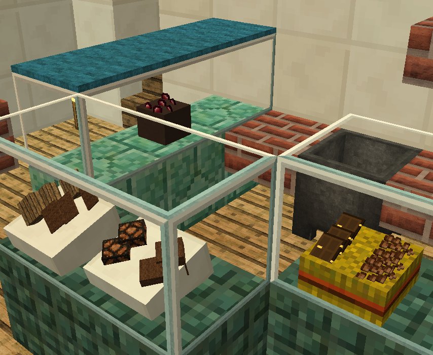 わかさん 伊呂波和歌 アマスタでチョコレートショップを作っていました ショーケースの中はだんだん形になってきたぞー バニラテクスチャでもなんとかなるチョコレートでよかった マイクラ内装 T Co 08r3xd3dze Twitter