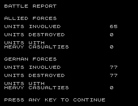 Final screen from Arnhem, showing no Allied units (out of 65) destroyed or with heavy casualties, and all German units (77) destroyed