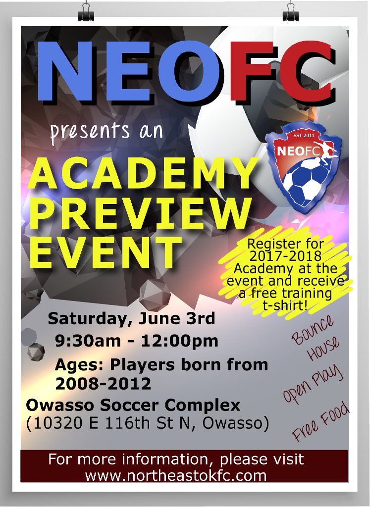 Academy Preview Event
June 3
9:30am-noon
Owasso Soccer Complex
Meet coaches, teammates &amp; learn about NEOFC Academy. bit.ly/2rG79aU