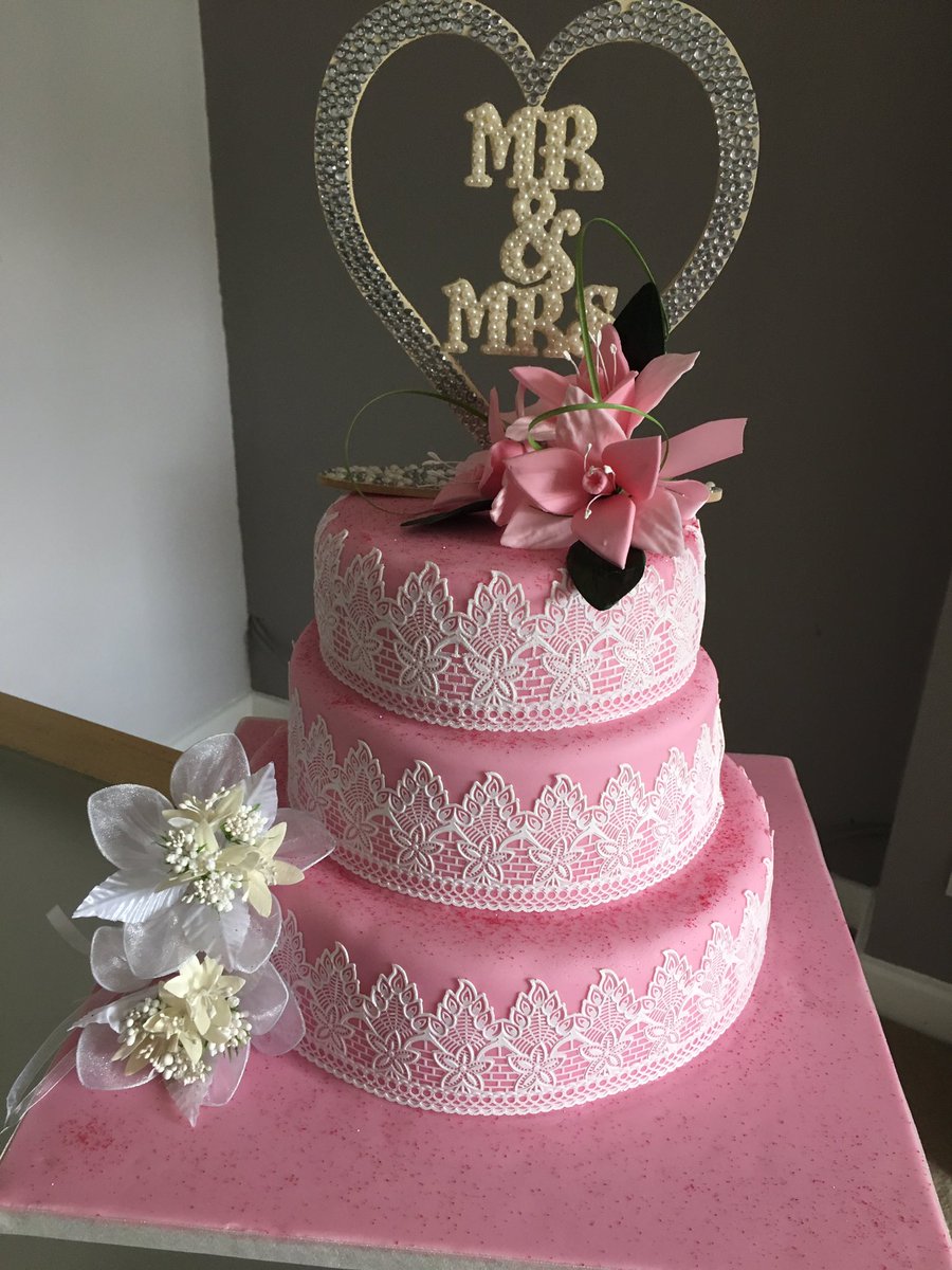 CakesByLucy's tweet photo. Pink Wedding Cake decorated with edible lace #weddingcake #pinkweddingcake #cake https://t.co/lQcaXdraGh