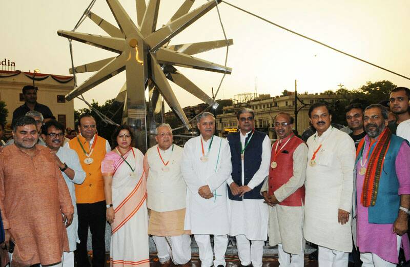 VijayGoelBJP's tweet photo. At the inauguration of Heritage Charkha Museum &amp; Mega Steel Charkha by Sh. @AmitShah ji, joined by our dear colleagues in the heart of Delhi https://t.co/JBGg4cSHo6