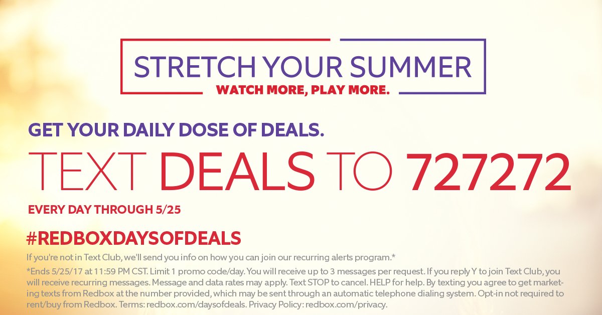 redbox's tweet photo. Keep up with this season's best new releases by treating yourself to a daily dose of deals now through 5/25. #RedboxDaysOfDeals https://t.co/37VPAiTdYE