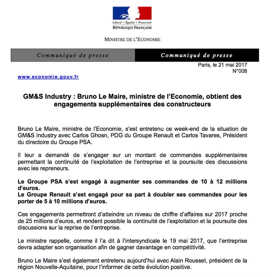 BrunoLeMaire's tweet photo. [Communiqué] GM&amp;S Industry : des engagements supplémentaires des constructeurs. #Renault #PSA ⬇️ https://t.co/kWv1Vz8QDm