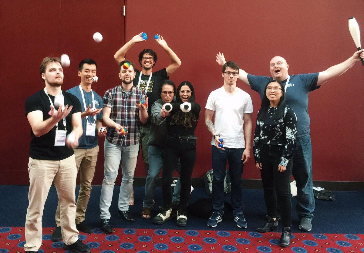 littleboyd's tweet image. Year 2 of #pyconjuggling at @pycon 🌑🌑🌑 #PyConOpenSpace #pycon2017 @itsmemattchung @bradpitcher @nedbat @RobLudwick