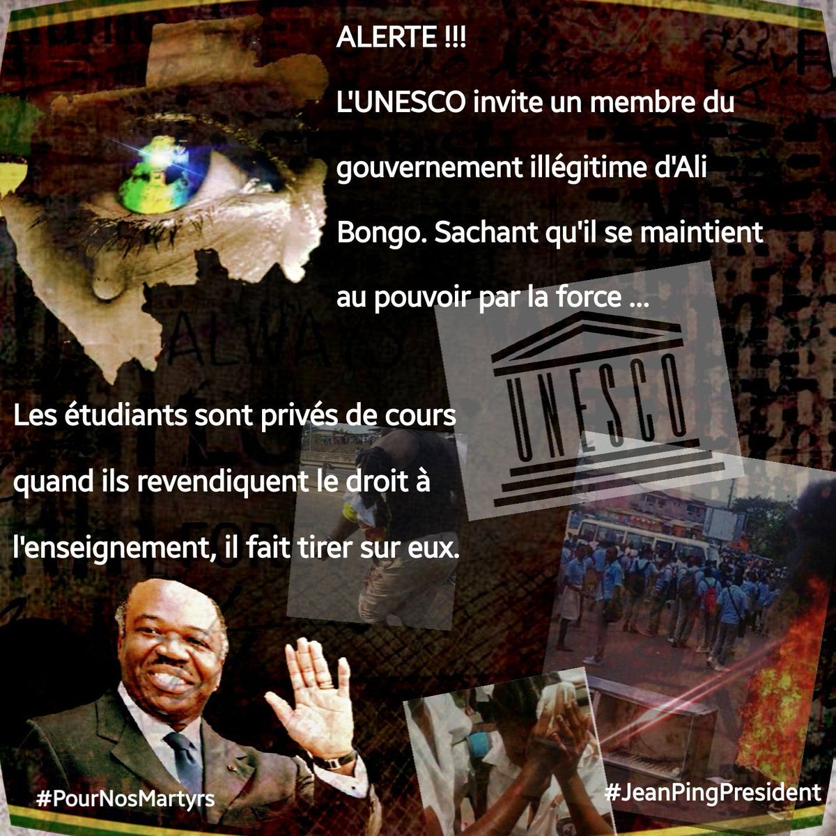 #Gabon #BongoHasKilled &amp; lost the elections <a href="/UNESCO/">UNESCO 🏛️ #Education #Sciences #Culture 🇺🇳</a> invite someone from his government?
<a href="/unesco_de/">UNESCO DE</a> @GoUNESCO <a href="/UNESCOBrasil/">UNESCO no Brasil</a> <a href="/UNICEF/">UNICEF</a> #ONU
