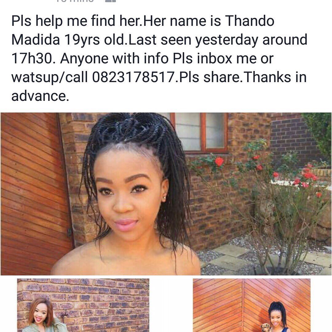 __Owami's tweet photo. Been following this story and hoping for a happy ending. Unfortunately she was found dead very heartbreaking. #RIPThandoMadida https://t.co/LTWID0QTSH