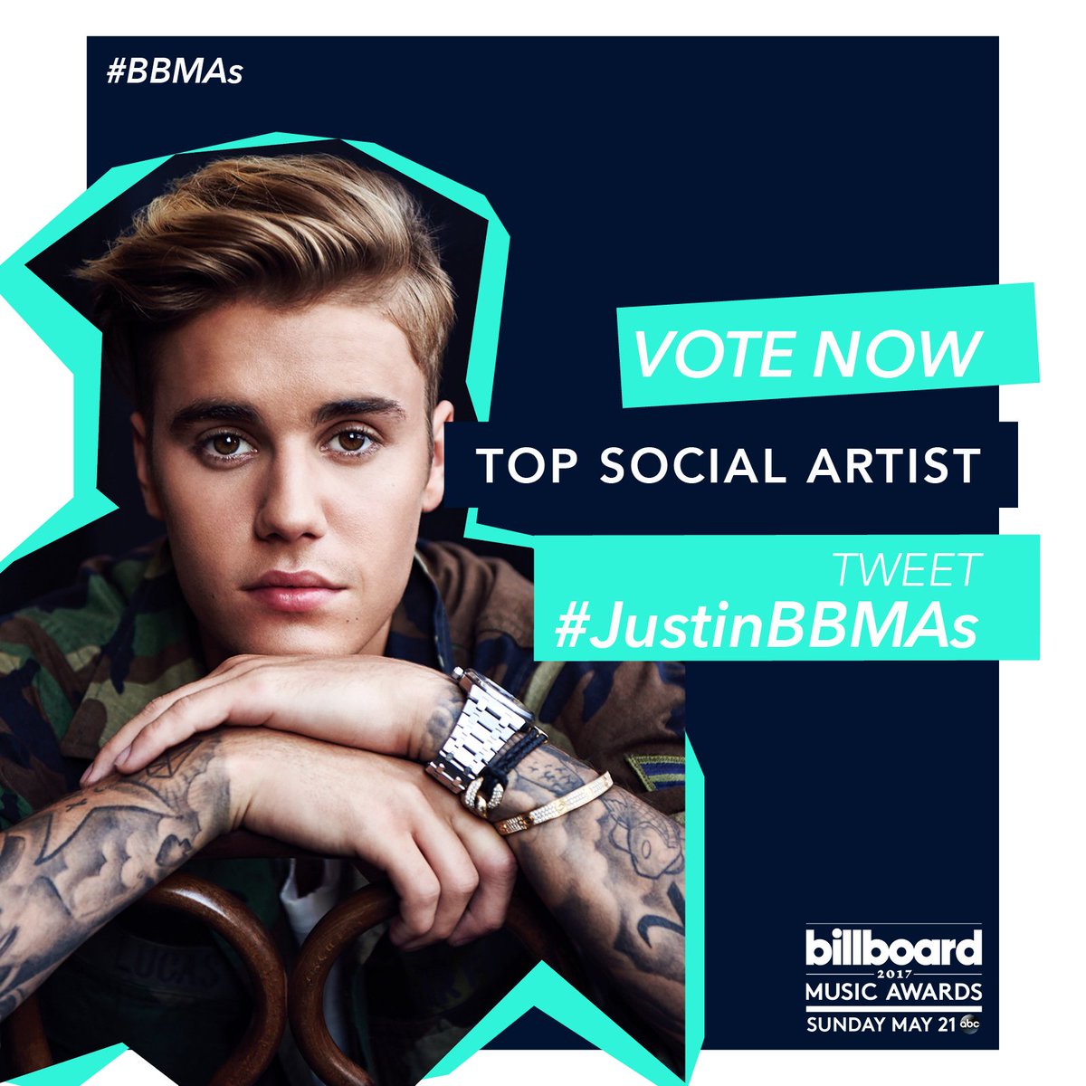 BBMAs's tweet photo. RT to vote for @justinbieber for Top Social Artist presented by @ION360 at the #BBMAs! #JustinBBMAs https://t.co/H3YSGnMX3h