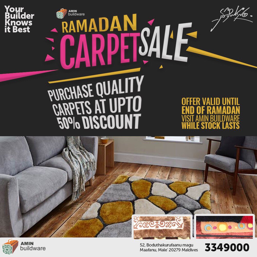 BuildwareAmin's tweet image. Here&apos;s something to change for this Ramadan! Purchase carpets now at upto 50% discount only from #aminbuildware