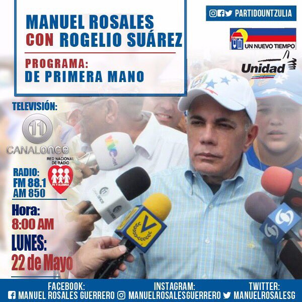 manuelrosalesg's tweet photo. Este lunes #22may estaré en el programa De Primera Mano con Rogelio Suarez por el @canal11delzulia 88.1FM y 850AM a las 8:00AM. https://t.co/OjIykQjqlb