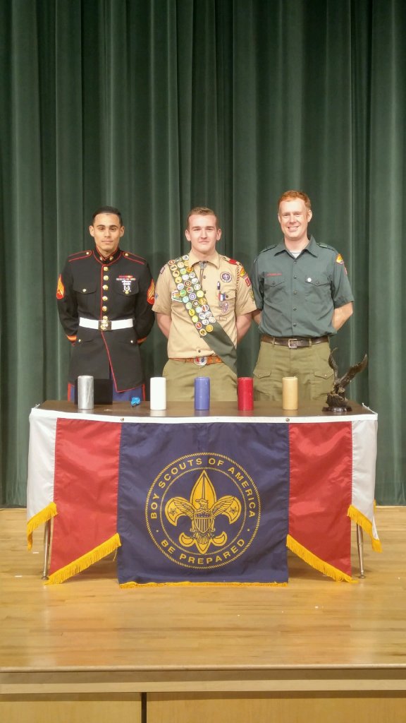 pembrokebands's tweet image. Drum major Evan Stockdale just had his Eagle ceremony at PHS!  Sgt. Baez, Evan Stockdale, and Austin Glass.