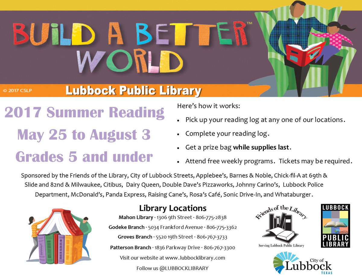 lubbocklibrary's tweet photo. Our Summer Reading Program starts May 25th! All ages. More Details: https://t.co/BzA53ytGdW #LBKSummerReading #LBKLIB https://t.co/Xi2MxT7MWN