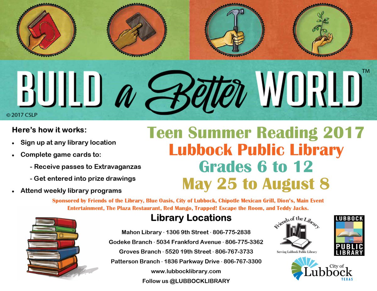 lubbocklibrary's tweet photo. Our Summer Reading Program starts May 25th! All ages. More Details: https://t.co/BzA53ytGdW #LBKSummerReading #LBKLIB https://t.co/Xi2MxT7MWN