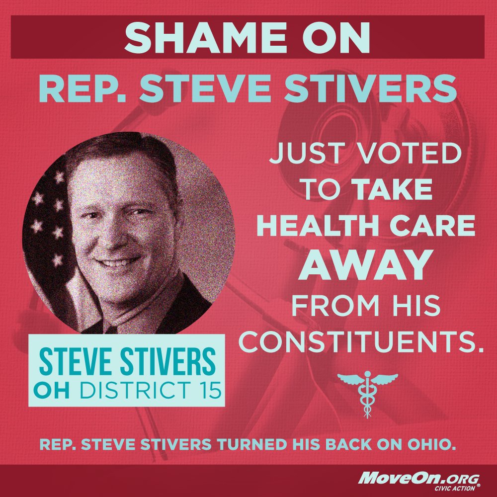MoveOn's tweet photo. Help defeat #Trumpcare supporter #OH's @RepSteveStivers in 2018. #PaybackRecess is here: https://t.co/zglBehSJ4E https://t.co/rlrkvEuSFR