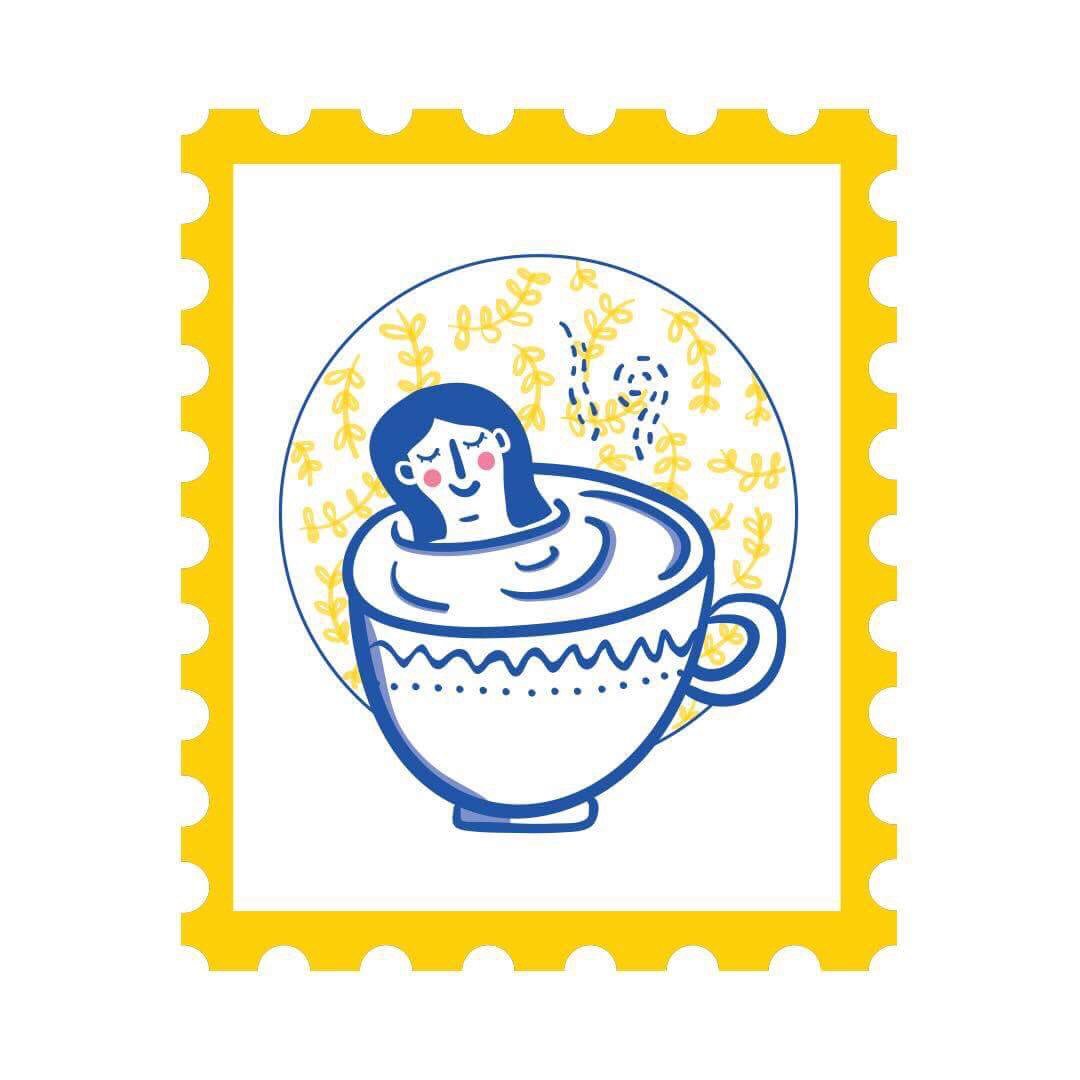 PostUSW's tweet photo. And stamp 19 is from @darceylloyd it shows her creative process and how a good cuppa always helps her to illustrate! βοΈπ#postusw https://t.co/aiHLN0Ag7I