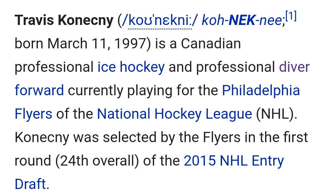 TheGodlessNorth's tweet photo. LOL - Subtle update to Travis Konecny's wikipedia profile. 😂 https://t.co/8TwSGwPy1T