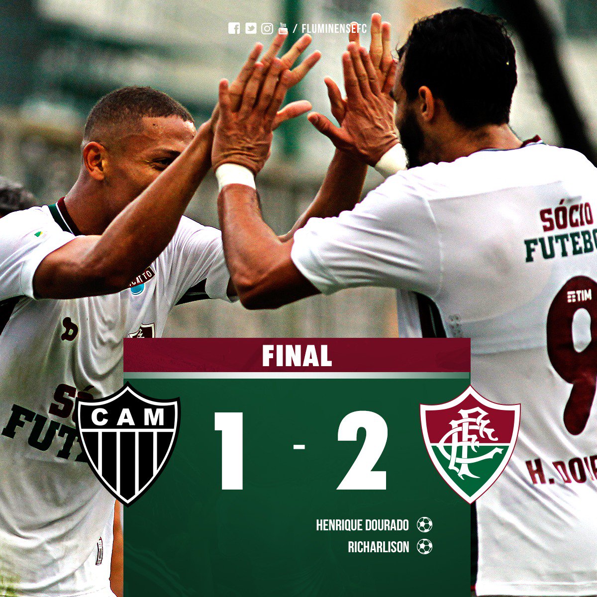 FluminenseFC's tweet photo. HEROICO! Fluzão bate o Atlético-MG por 2 a 1 no Independência, gols de Ceifador e Richarlison! É a 2ª vitória seguida no Brasileirão! https://t.co/QCW1UKRl1v