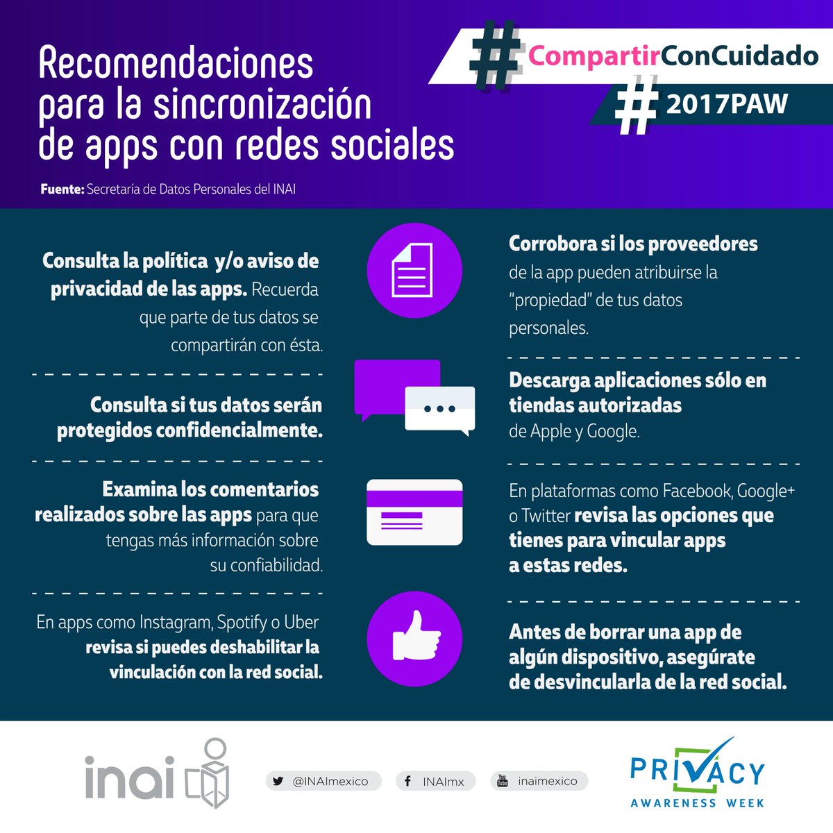 INAImexico's tweet photo. #2017PAW Antes de vincular una app a tus cuentas de redes sociales, sigue estas recomendaciones #CompartirConCuidado https://t.co/dtPEfX3ZZj