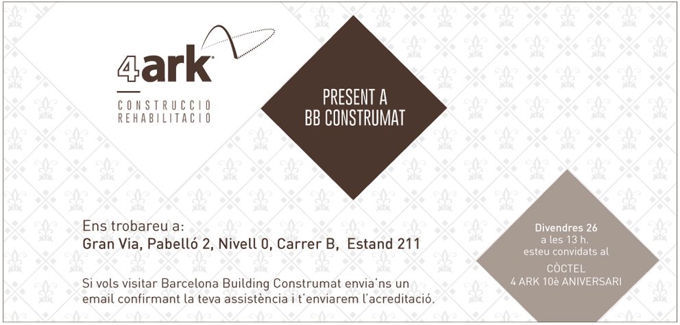 4ARK_rehabilita's tweet photo. 4ark en el Barcelona Building Construmat, Gran Via, pabellón 2, Nivel 0, Calle B, Stand 211
Os esperamos! @ConstrumatBCN @4ARK_rehabilita https://t.co/lvDPTvsehm