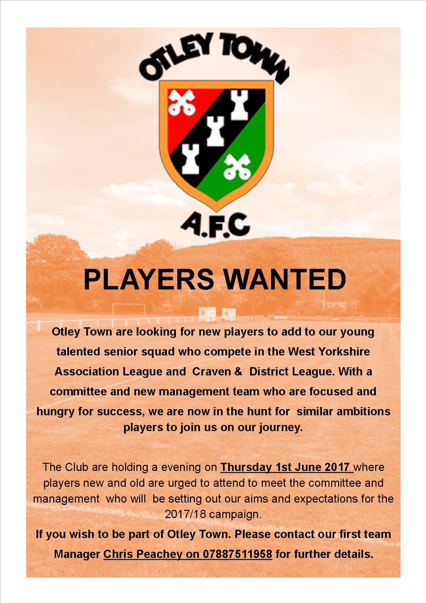SENIOR FOOTBALL PLAYERS WANTED.
<a href="/LeedsChatter/">Leeds Chatter</a> <a href="/wharfeobserver/">Wharfedale Observer</a> #LovinLeeds <a href="/PhilHayYEP/">Phil Hay</a> <a href="/NonLeagueNorth/">Non League Yorkshire</a> <a href="/LeedsHub/">Leeds Hub</a> @sportsbulk @CravenFootball
