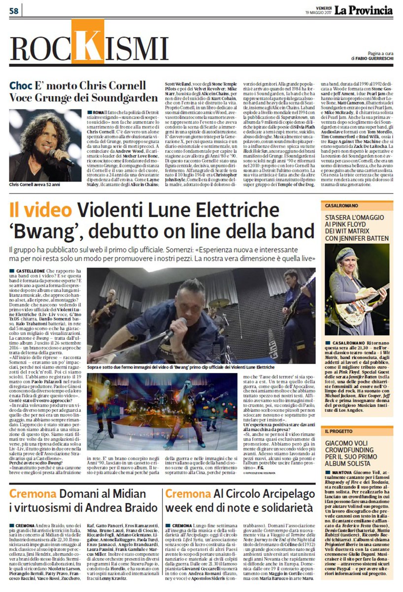fabioguerresch1's tweet photo. Venerdì sulla pagina #Rockismi #chriscornell #VLE, #AndreaBraido, #CircoloArcipelago, #WitMatrix, #GiacomoVoli https://t.co/CrH8YbnDQG