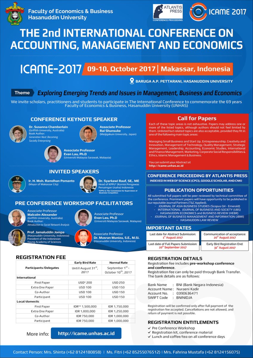 icameunhas's tweet photo. Call for paper. 2nd Konferensi Internasional Akuntansi, Manajemen dan Ekonomi. Universitas Hasanuddin. 09-10 Oktober 2017. #infoMKS https://t.co/ICB8a3Vhby