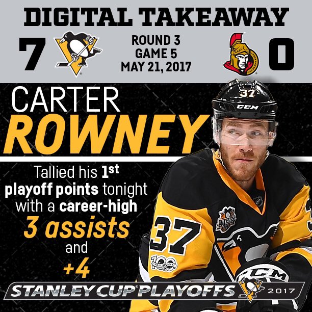 PenguinsPR's tweet photo. Carter Rowney gets rewarded for his outstanding series by having the game of his @nhl career. @penguins take a 3-2 series lead https://t.co/vzHXXVDZpp