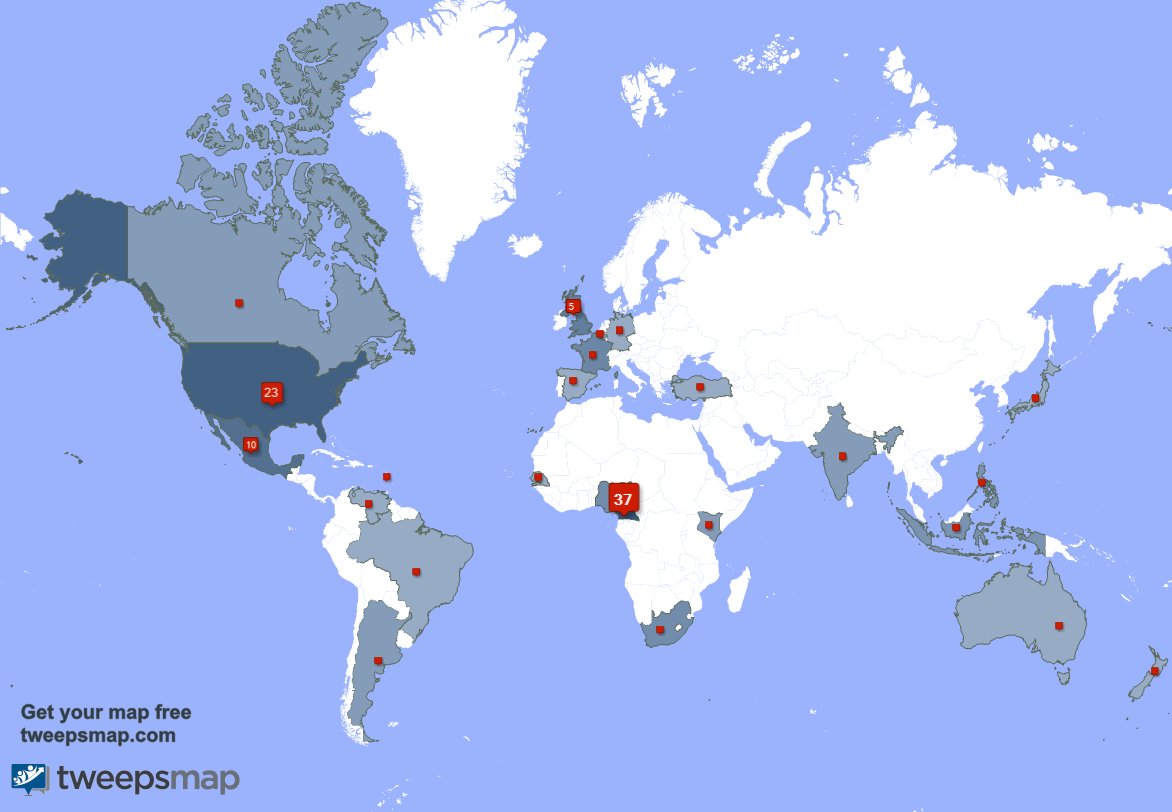 Frvnckxment's tweet photo. My followers live in 24 countries: Cameroon(36%), USA(22%)... https://t.co/SroLJlVWxP Get your free map! https://t.co/OBBa6E2K3N