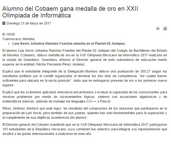 GobiernoMorelos's tweet photo. Alumno del Cobaem gana medalla de oro en XXII Olimpiada de Informática #Cuernavaca 
https://t.co/xQBlICSmF6 https://t.co/m6rRbmU7yJ
